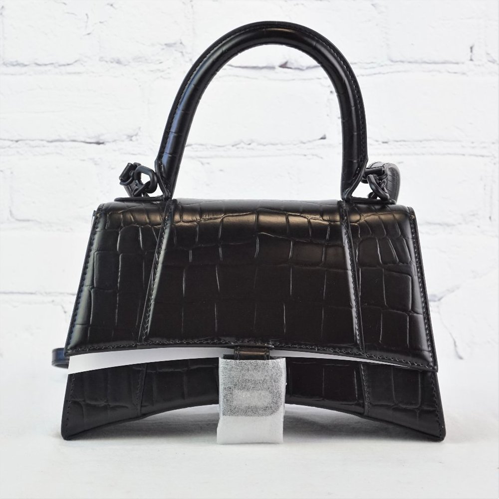 New Balenciaga Women's Hourglass Small Handbag Crocodile Embossed in Black